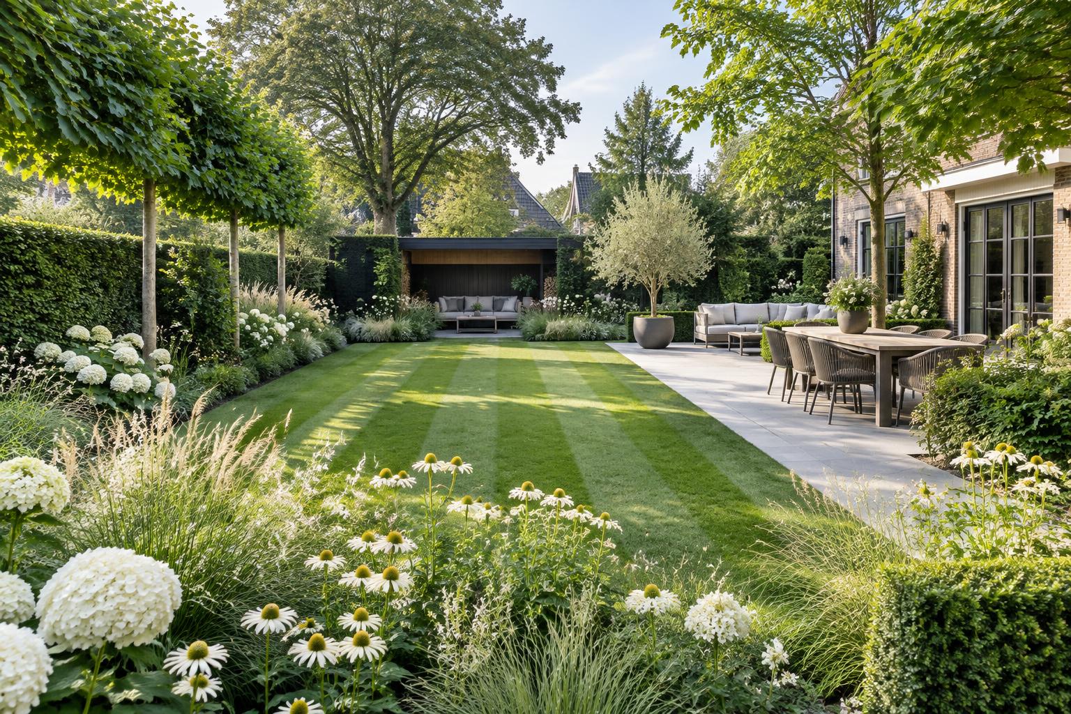 Verzorgde groene tuin met strak gazon, hagen en bloeiende borders